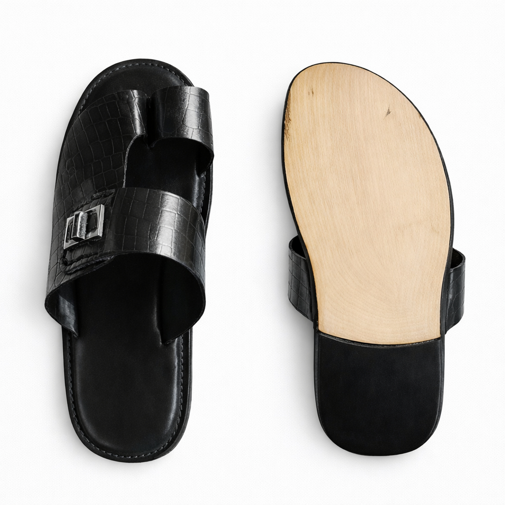 Mens Black Crocodile Texture Leather Sandals