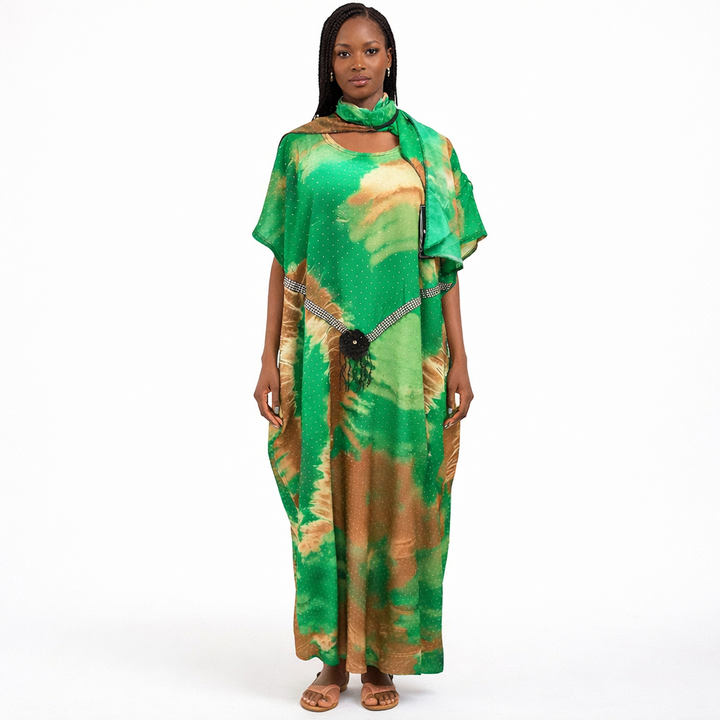 Elegant Tie Dye Kaftan Maxi Dress with Decorative Detail