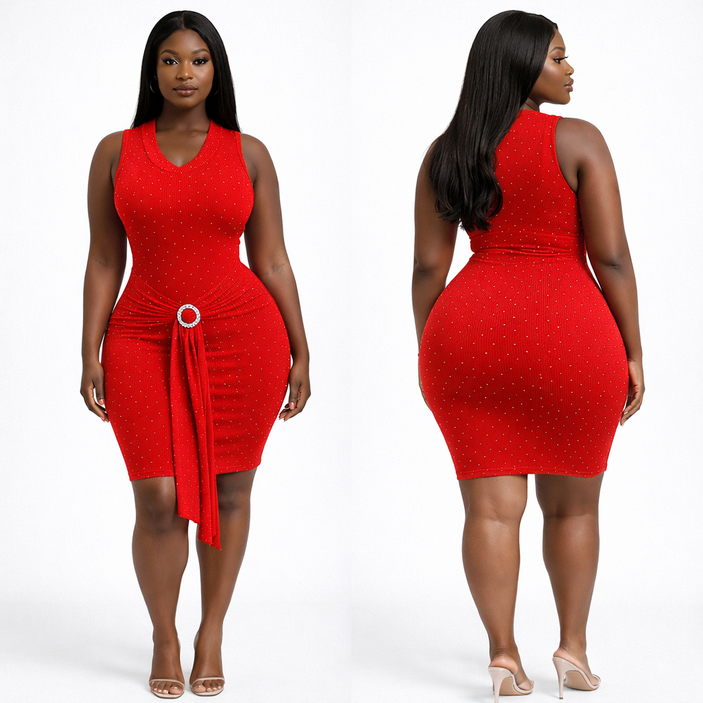 Red Rhinestone Womens Bodycon Mini Dress