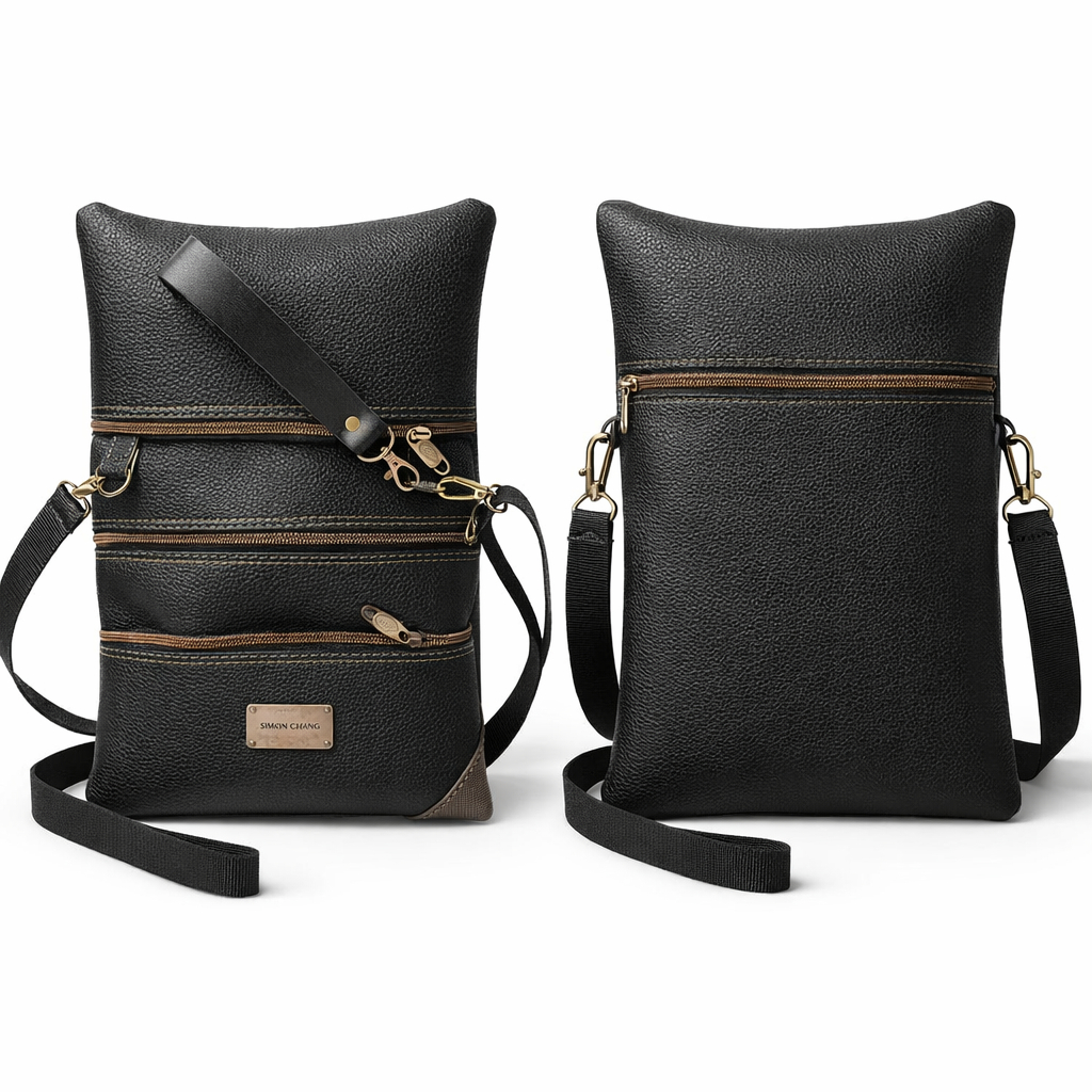 Multi Zip Crossbody Synthetic Leather Bag Black Textured PU Leather