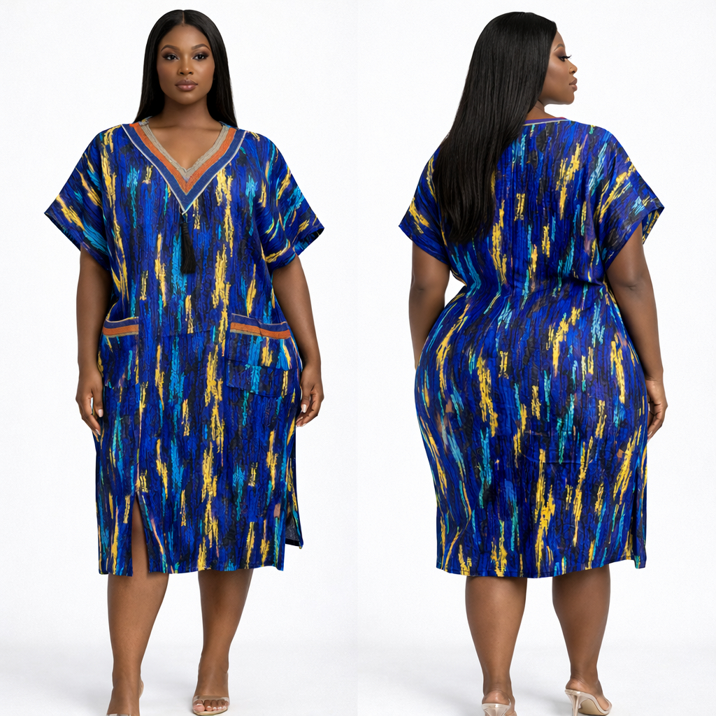 Blue Abstract Print Womens Knee Length Kaftan Dress