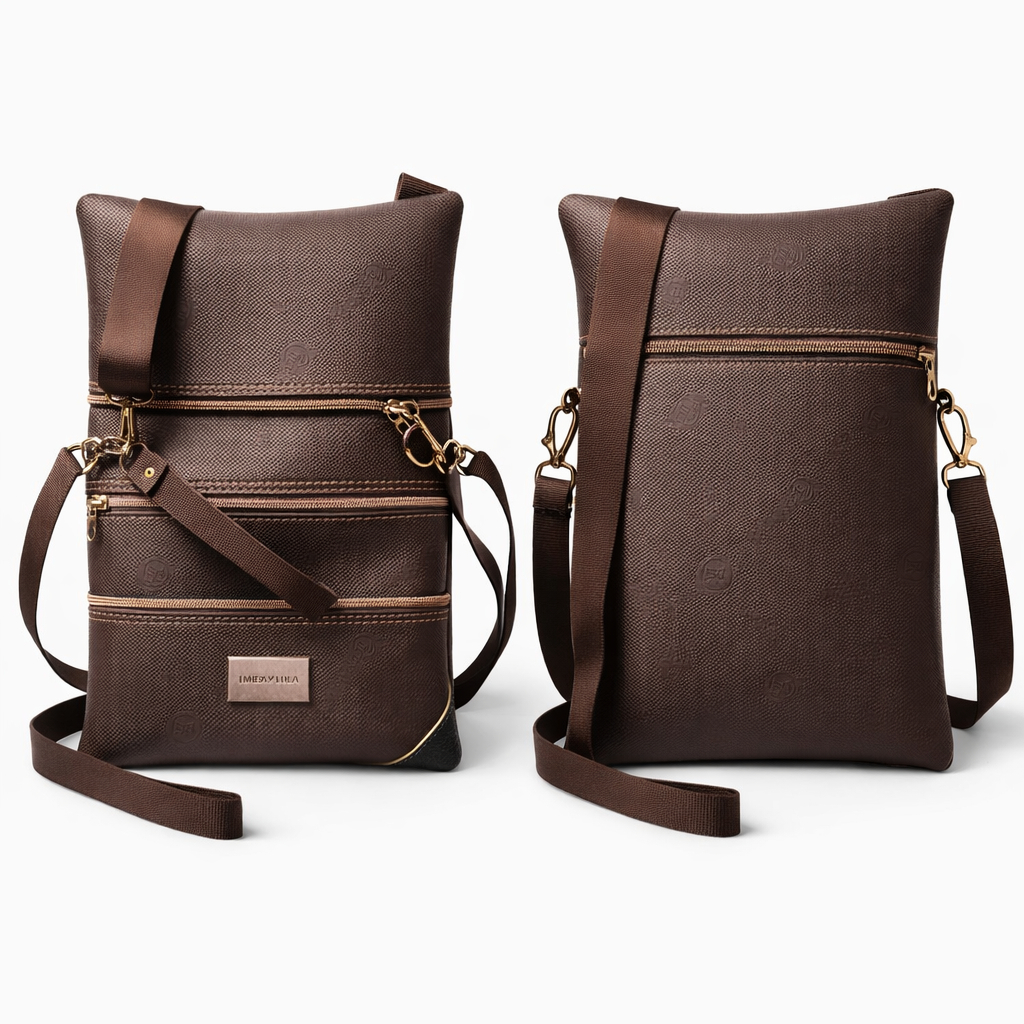 Multi Zip Crossbody Synthetic PU Leather Bag Brown