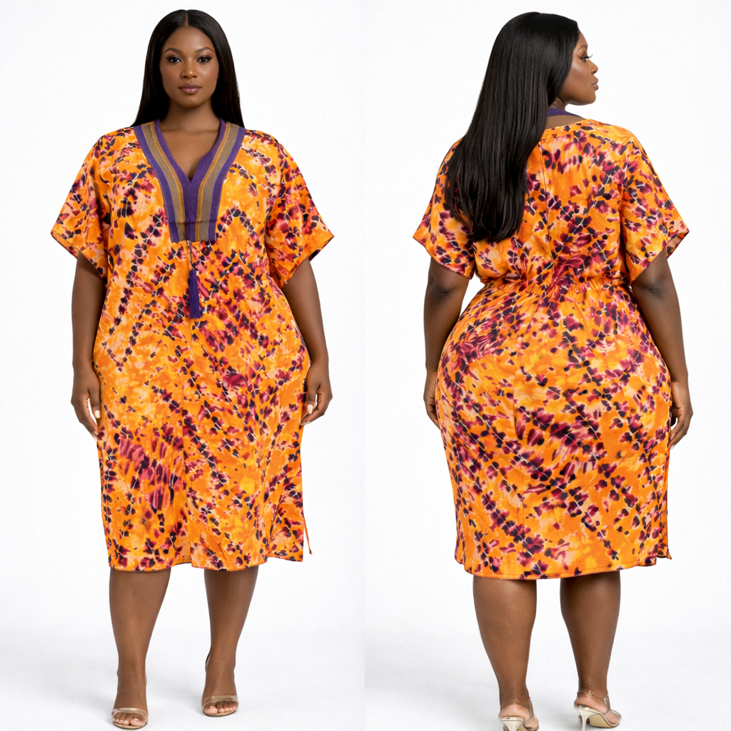 Orange Abstract Print Womens Knee Length Kaftan Dress