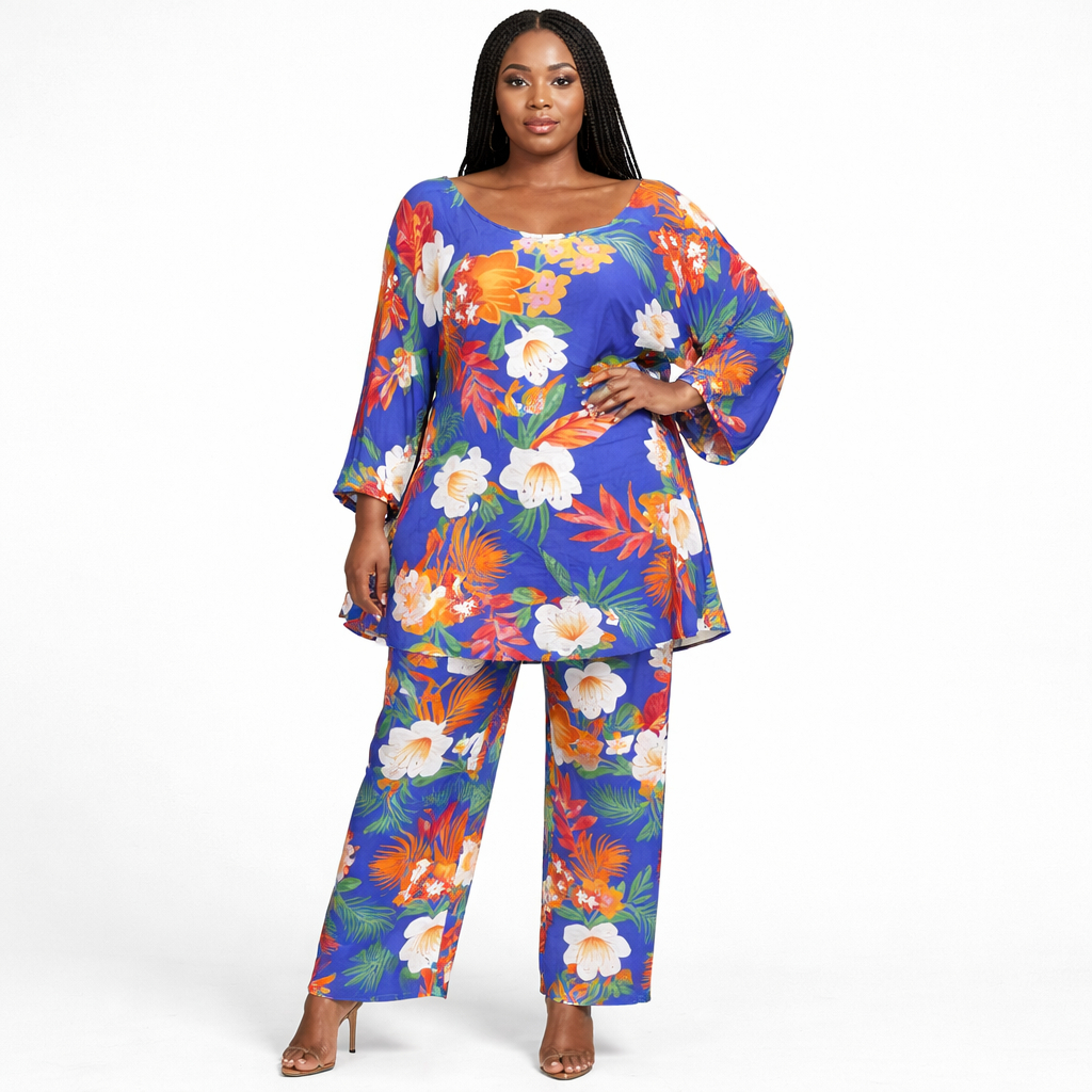 Vibrant Blue Floral Two Piece Kaftan Set for Women