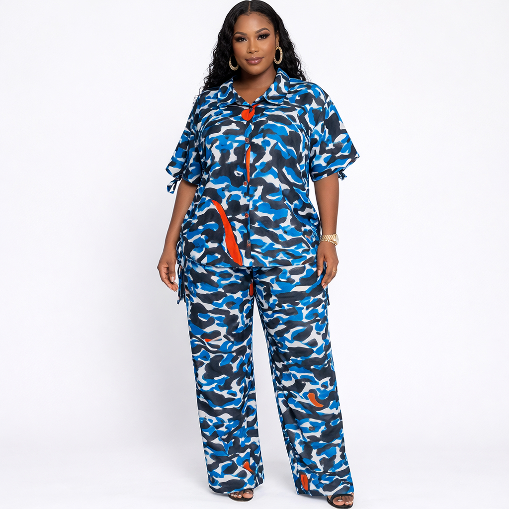 Ladies Abstract Print Button Up Shirt & Pants Two Piece Set