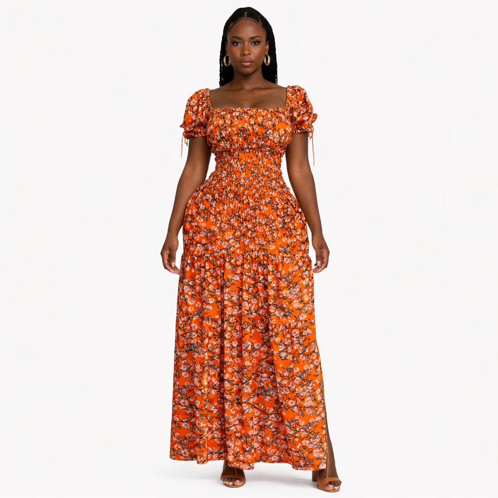 Ladies Orange Floral Smocked Maxi Dress