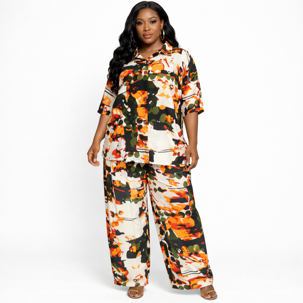 Womens Abstract Print Button Up Shirt and Wide Leg Trouser Set