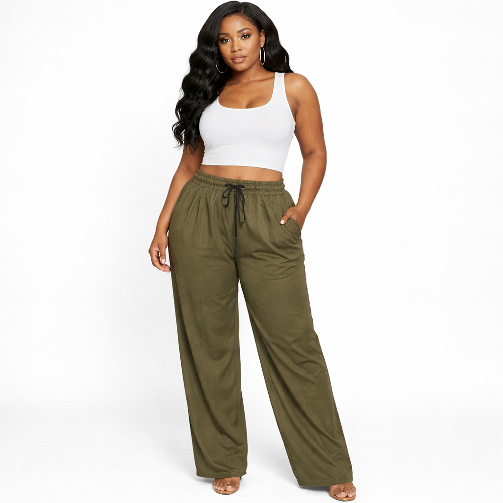 Olive Green Elastic Waist Wide Leg Pants