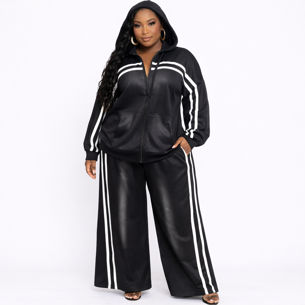 Black Striped Zip Up Hoodie and Wide Leg Pants Set