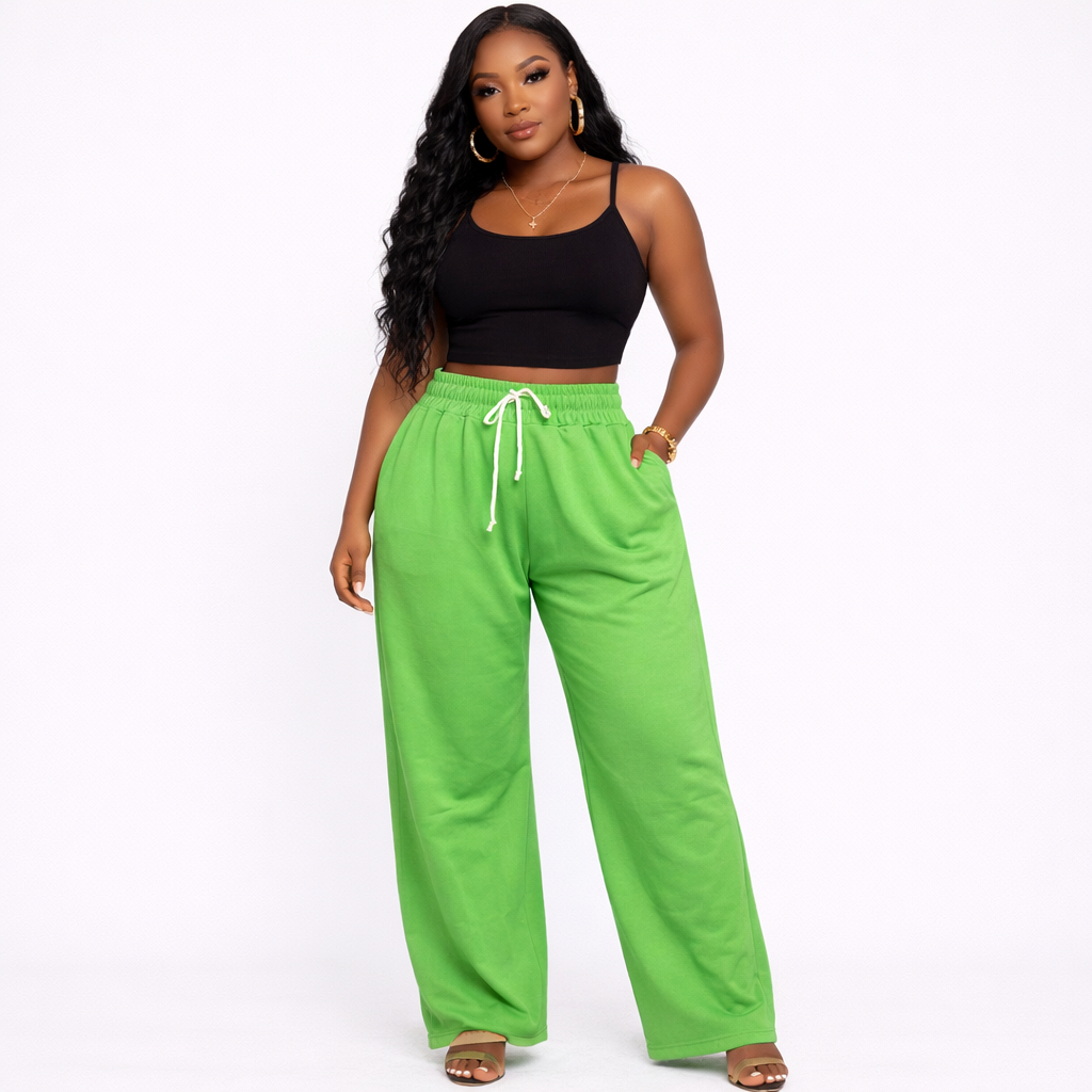 Green Elastic Waist Wide Leg Casual Pants