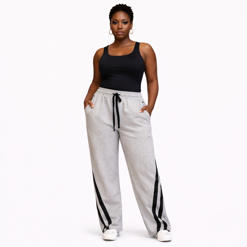 Grey Embossed Wide Leg Lounge Pants with Side Stripe