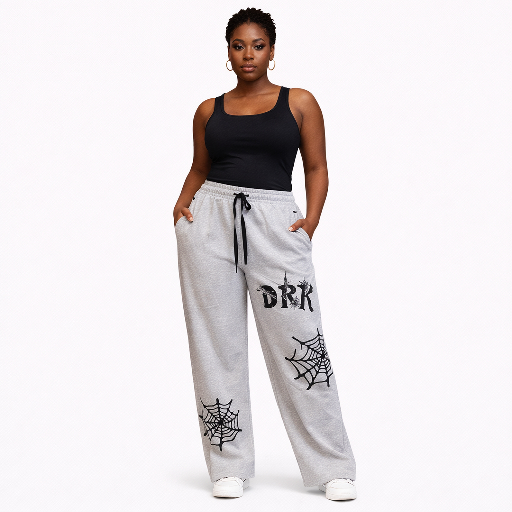 Grey Spider Web Graphic Elastic Waist Casual Pants