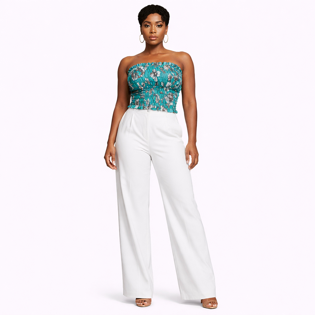 Teal Floral Smocked Strapless Crop Top