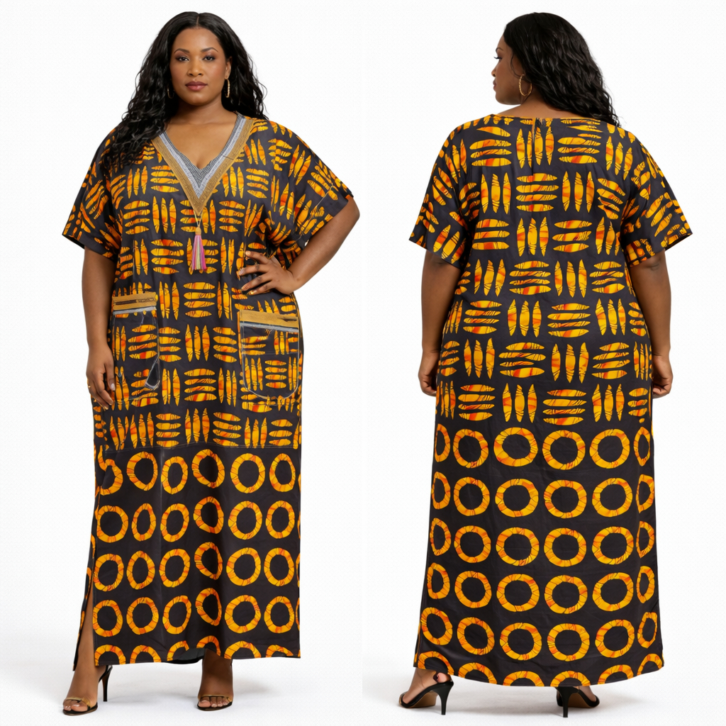 Black and Orange African Print Kaftan Dress for Ladies