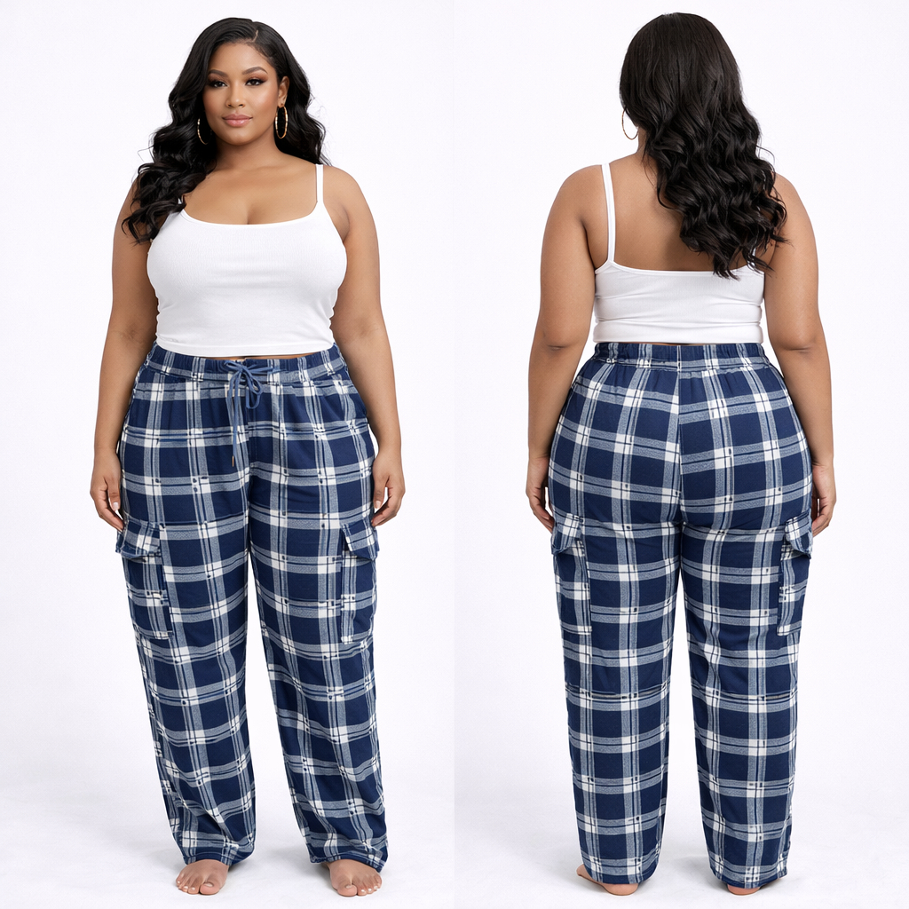 Women Blue Plaid Drawstring Casual Pants