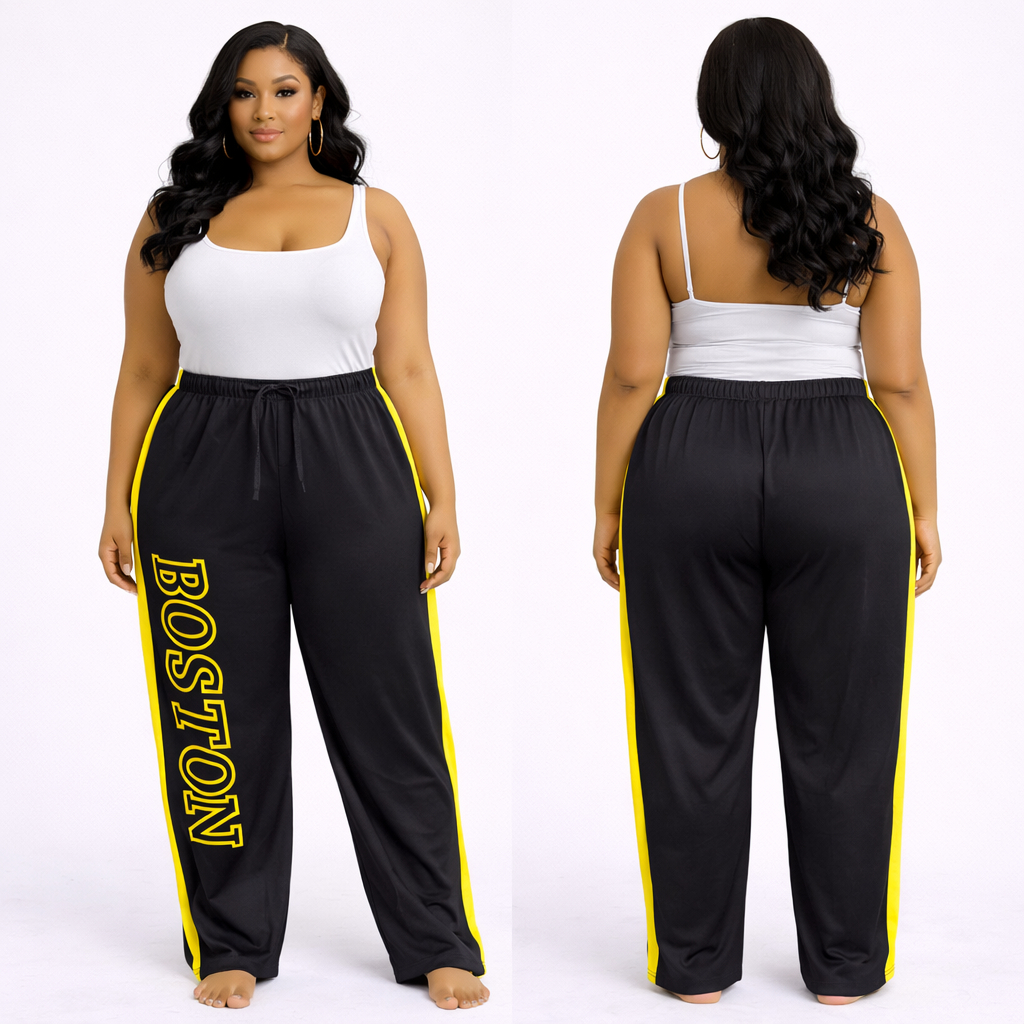 Women Black Letter Print Jogger Pants with Yellow Side Stripes