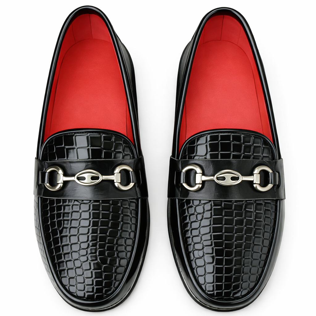 Mens Black Croc Texture Slip On Loafers