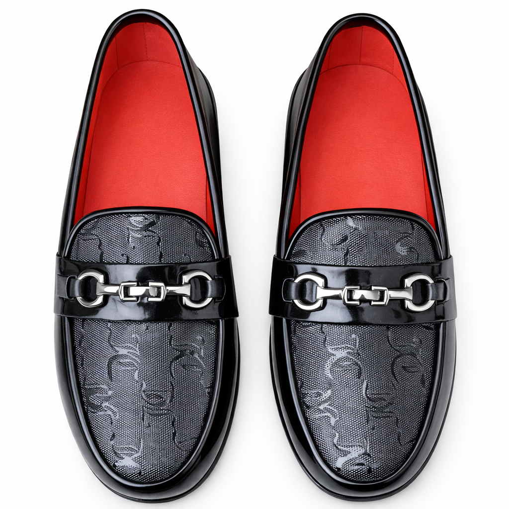 Men Glossy Black Slip On Loafers with Metal Detail