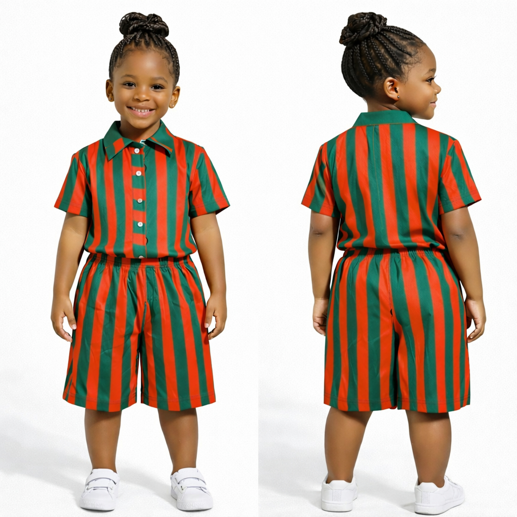 Green and Red Stripe Kids Unisex Two Piece Set