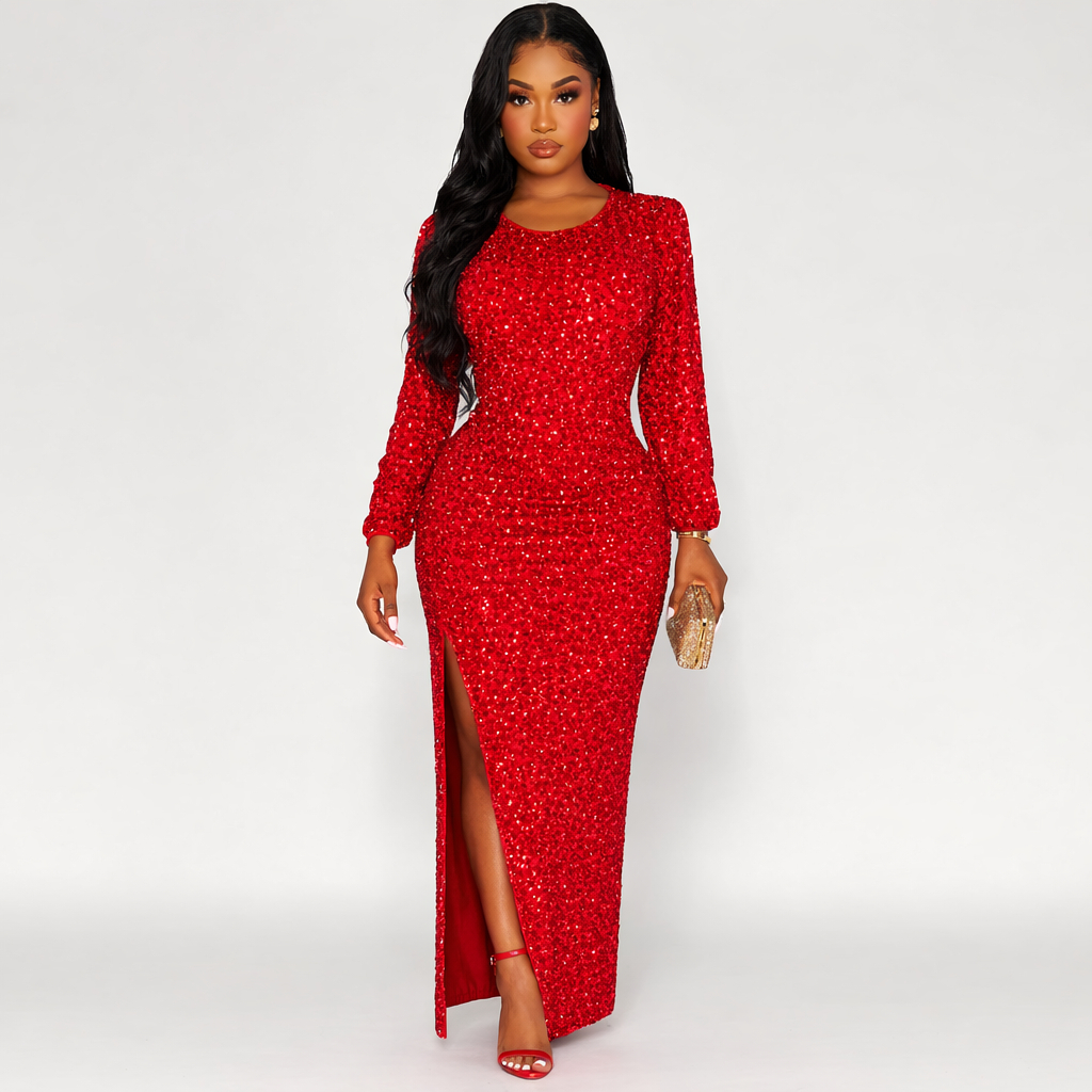 Red Sequin Long Sleeve Midi Dress with Side Slit