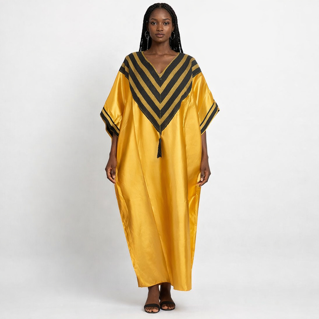 Gold Kaftan Dress with Black Chevron Neck Design