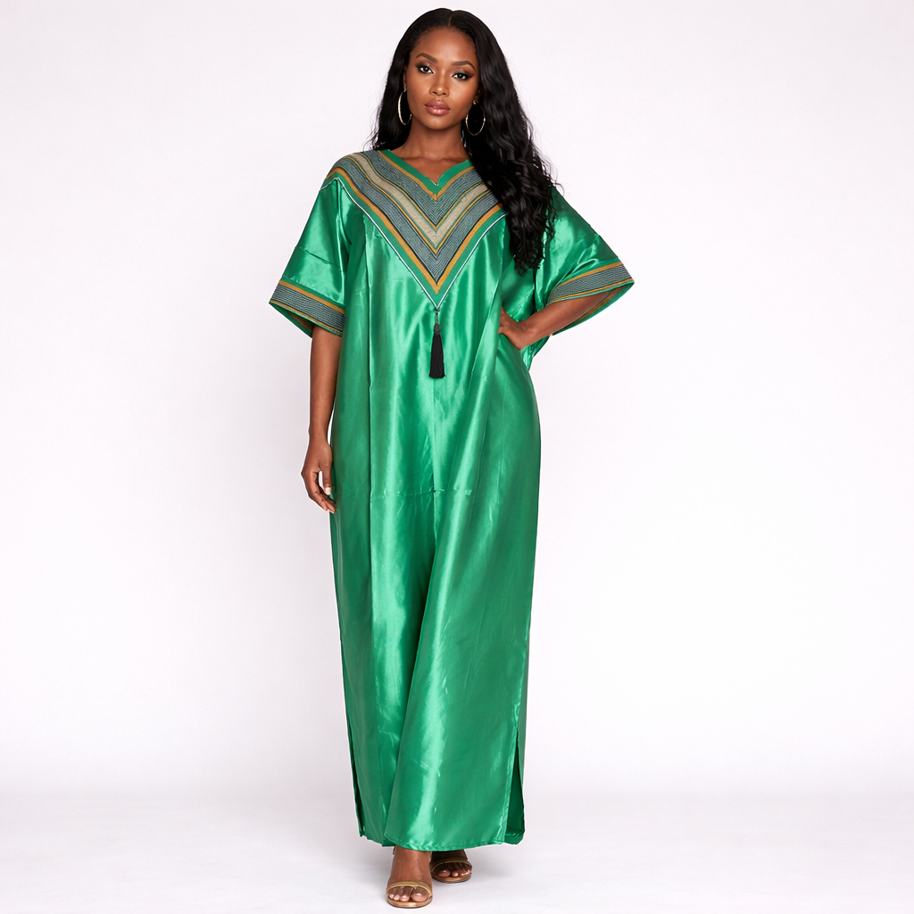 Womens Green Satin Kaftan Dress with Chevron Neck Detail