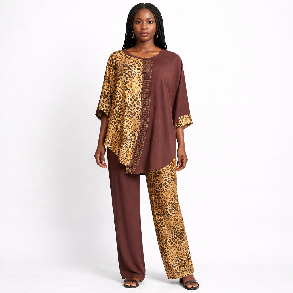 Leopard Print and Brown Two Piece Lounge Set