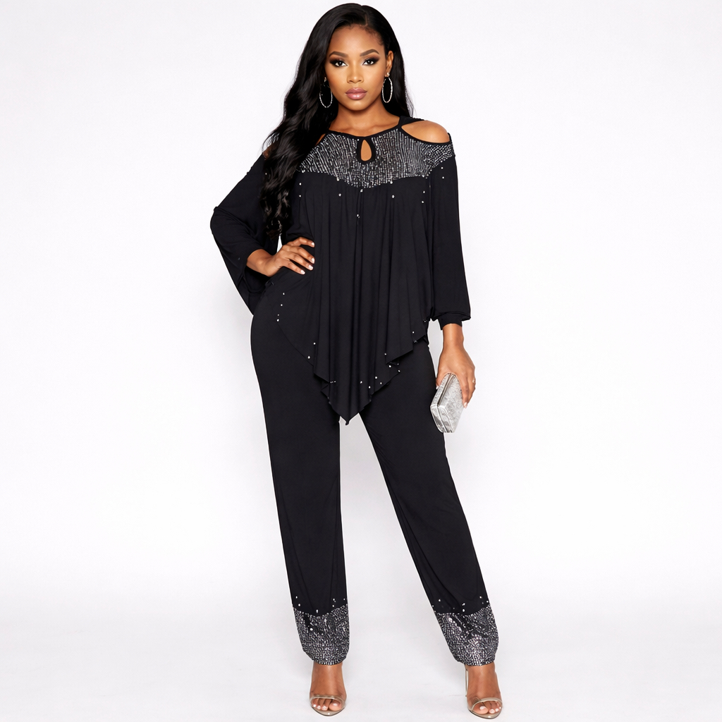 Womens Black Embellished Two Piece Top and Pant Set