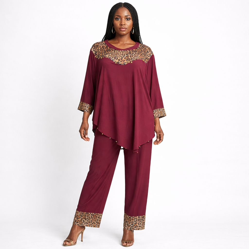 Womens Maroon Two Piece Lounge Set with Leopard Print Panels