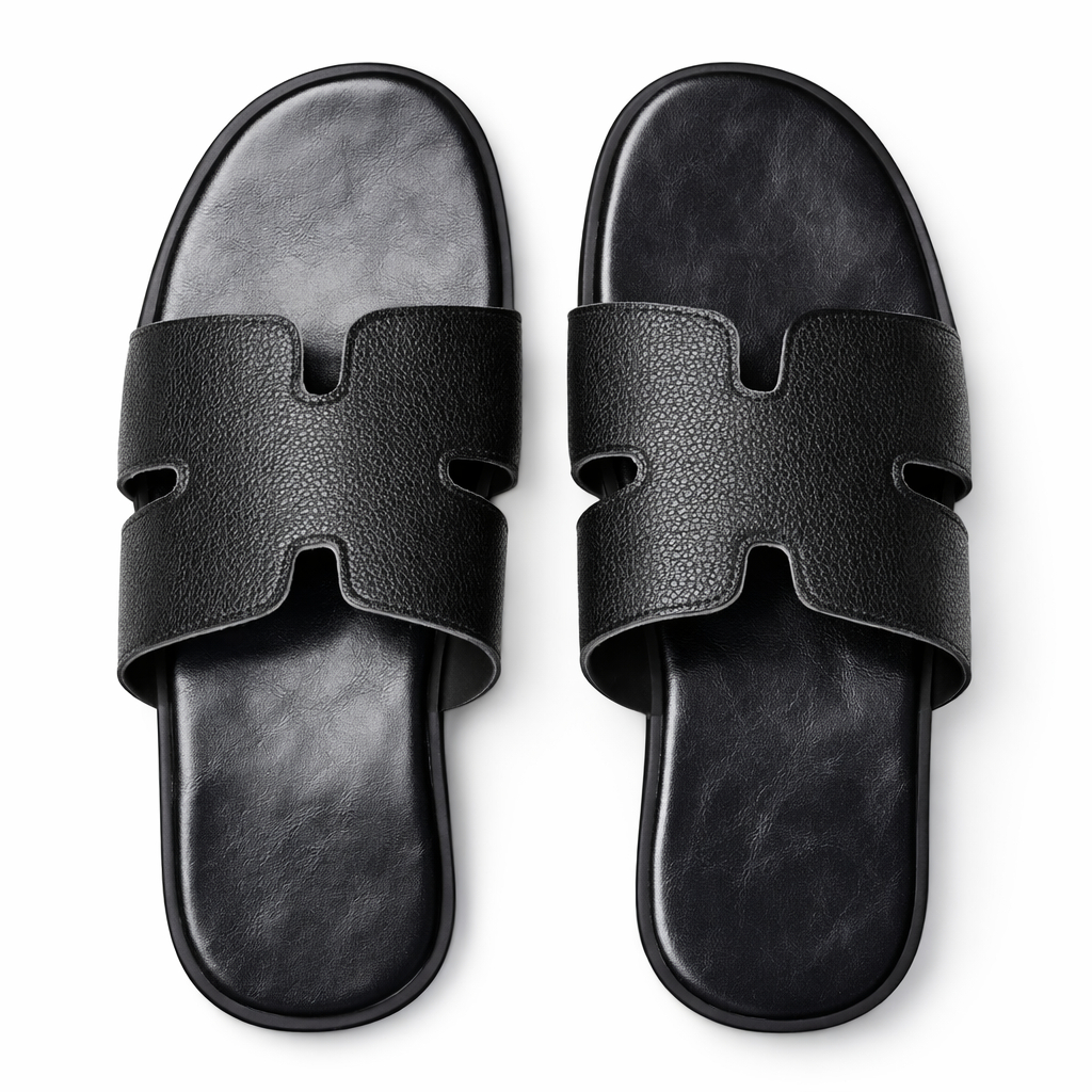 Mens Black Leather Slide Sandals   Open Toe Flat Slip On Slippers
