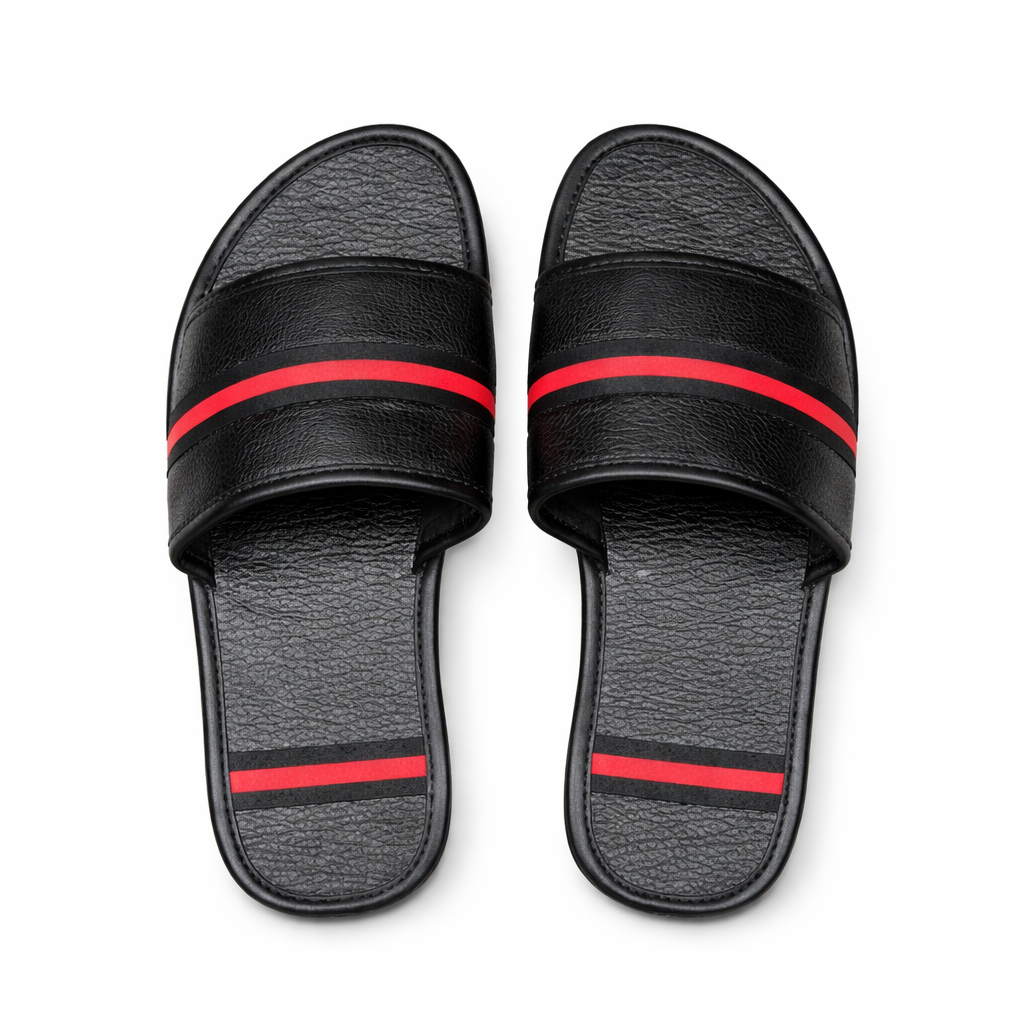 Mens Black Slide Sandals with Red Stripe