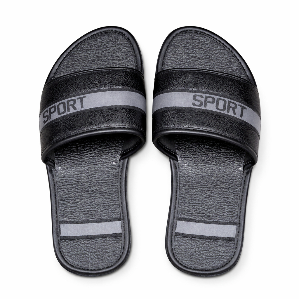 Mens Black Slide Sandals with SPORT Design