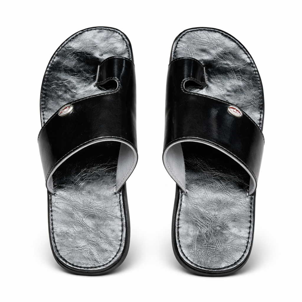 Mens Black Glossy Slip On Sandals