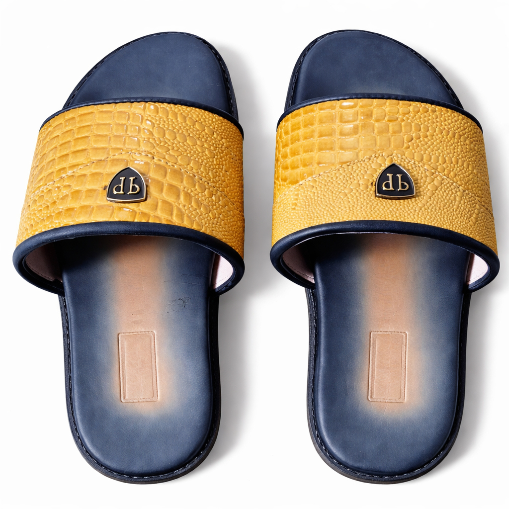 Textured Leather Slide Sandals with Croc Embossed Strap