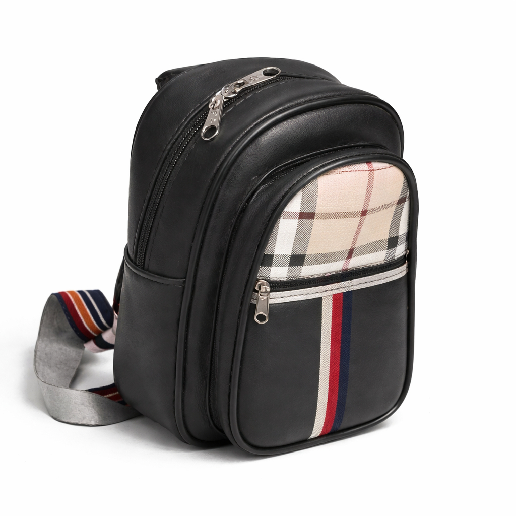 Black Leather Compact Mini Bag pack with Pattern Panel