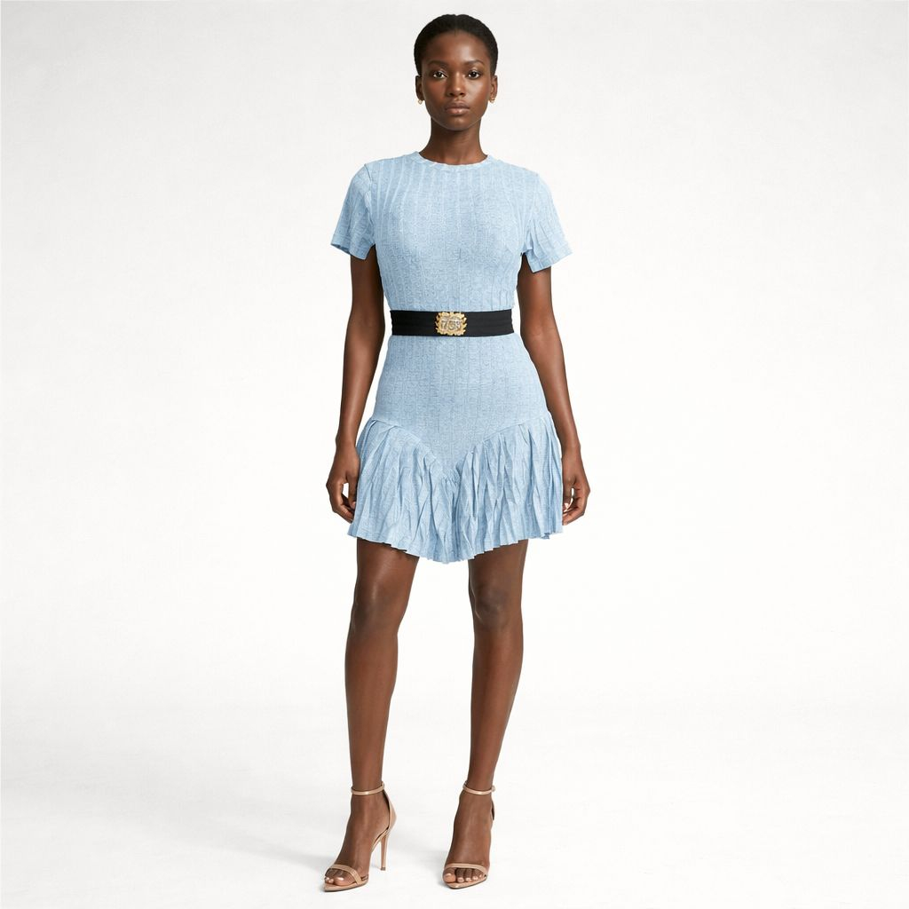 Short Sleeve Textured Mini Dress with Waist Belt