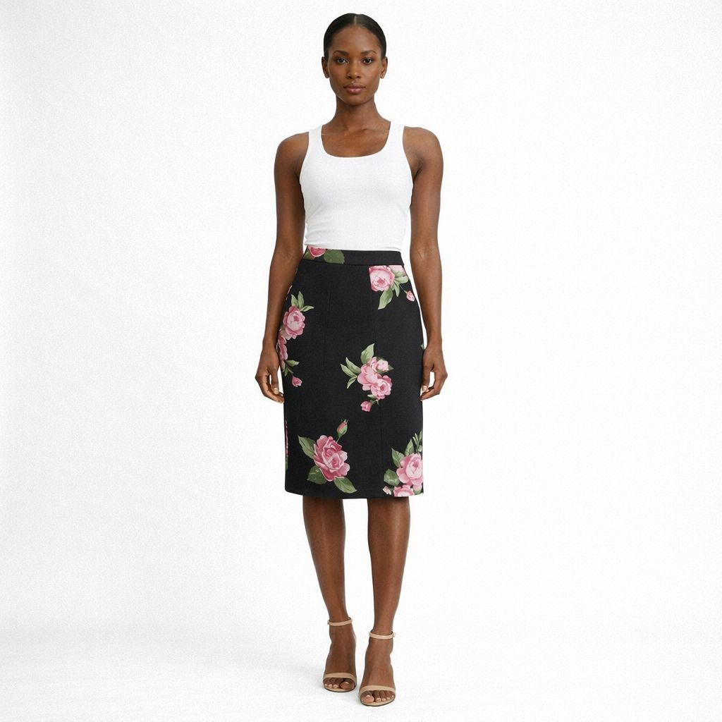 Black Floral Pleated Skirt with Pink Rose Print