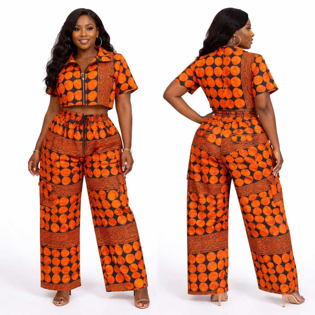Orange Ankara Zip Front Palazzo Two Piece Set