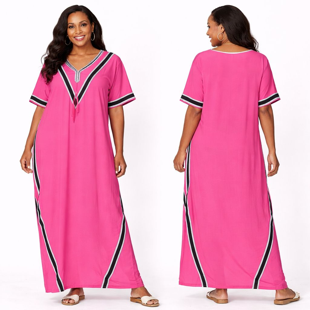 Ladies Pink Embroidered Kaftan Maxi Dress