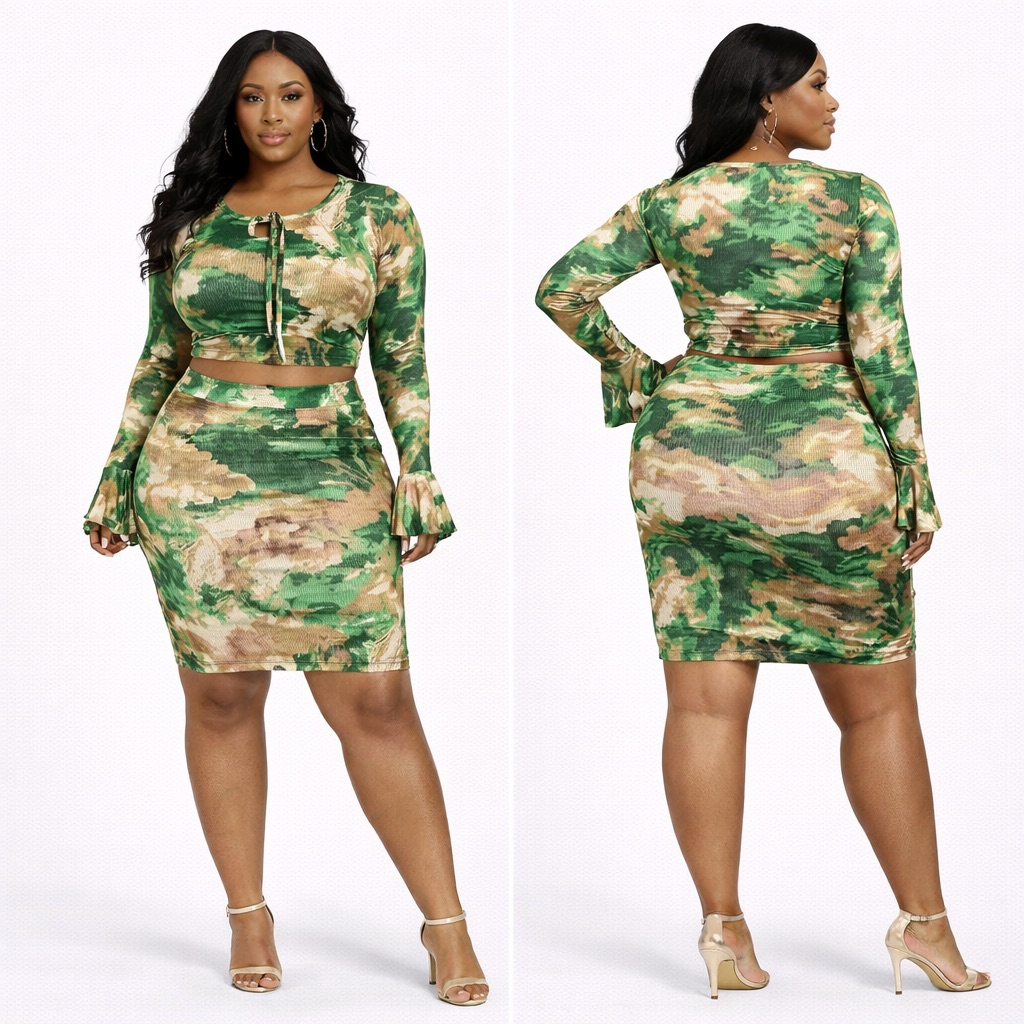 Women Green Tie Dye Two Piece Skirt Set