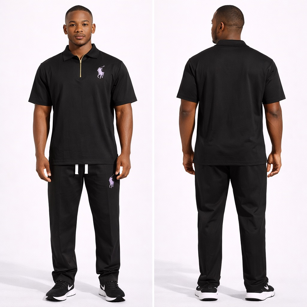 Black Zip Polo Shirt and Drawstring Pants two piece set