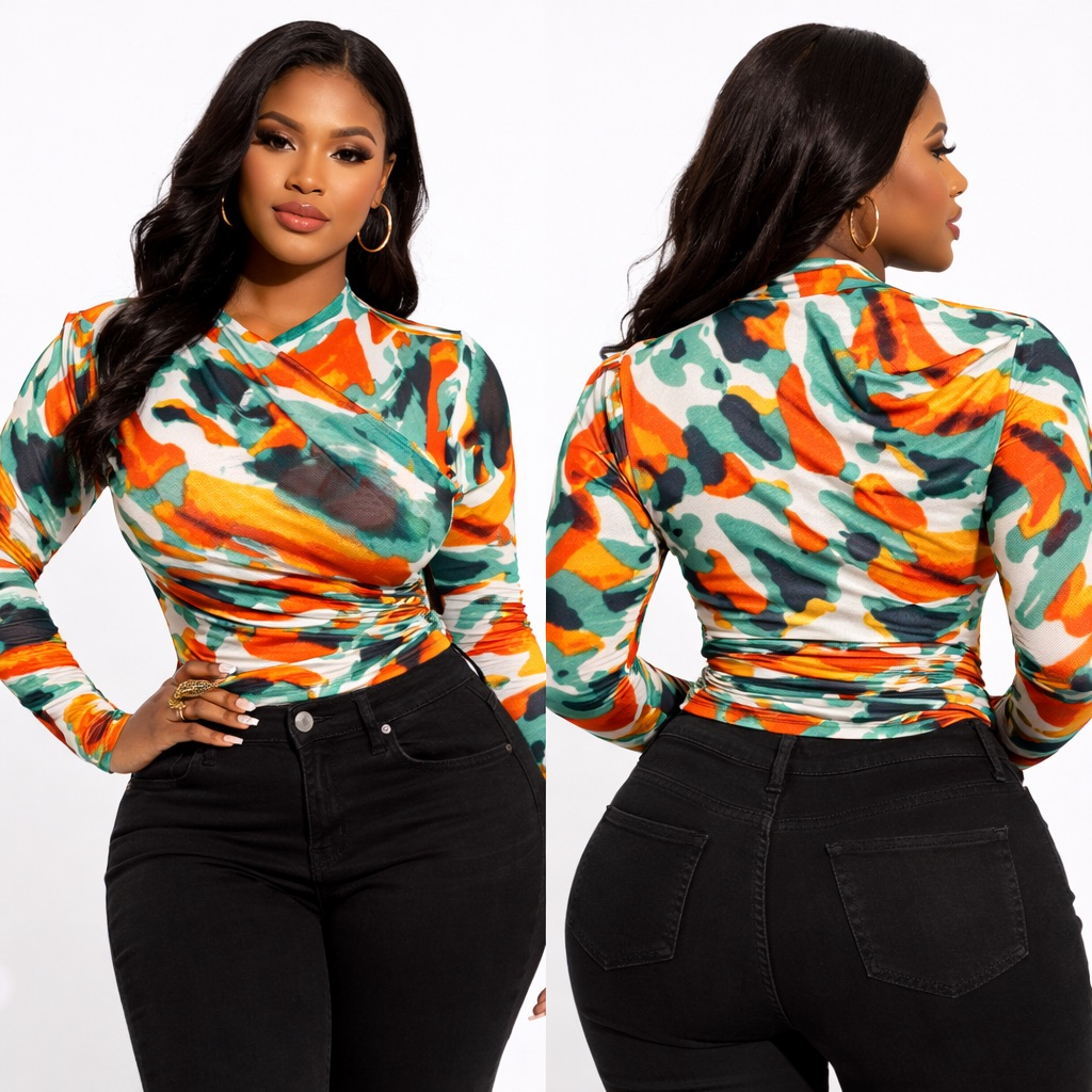 Womens Abstract multi colour Print Long Sleeve Mesh Wrap top