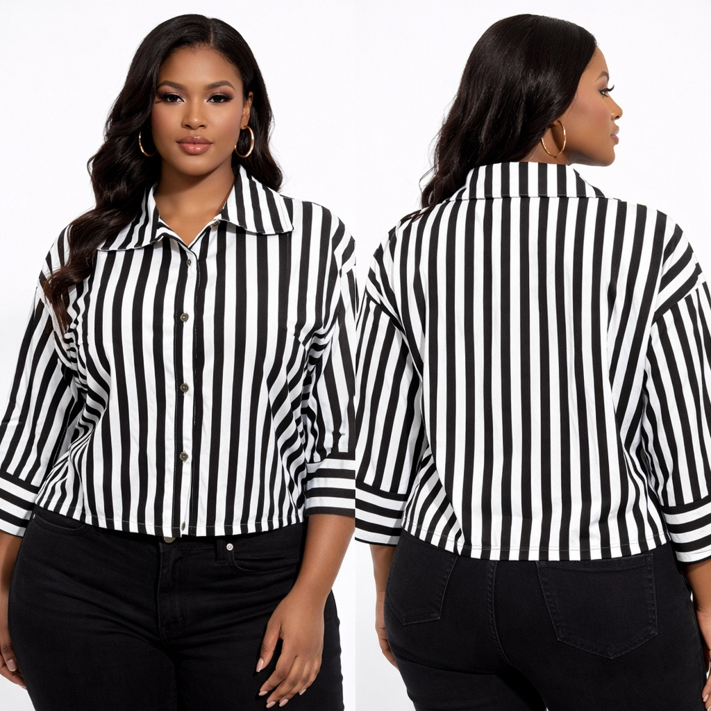 Womens Black and White Vertical Stripe short sleeve ButtonUp Shirt