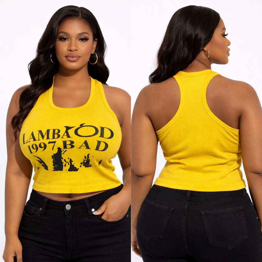 Womens Yellow Ribbed Graphic Tank Top