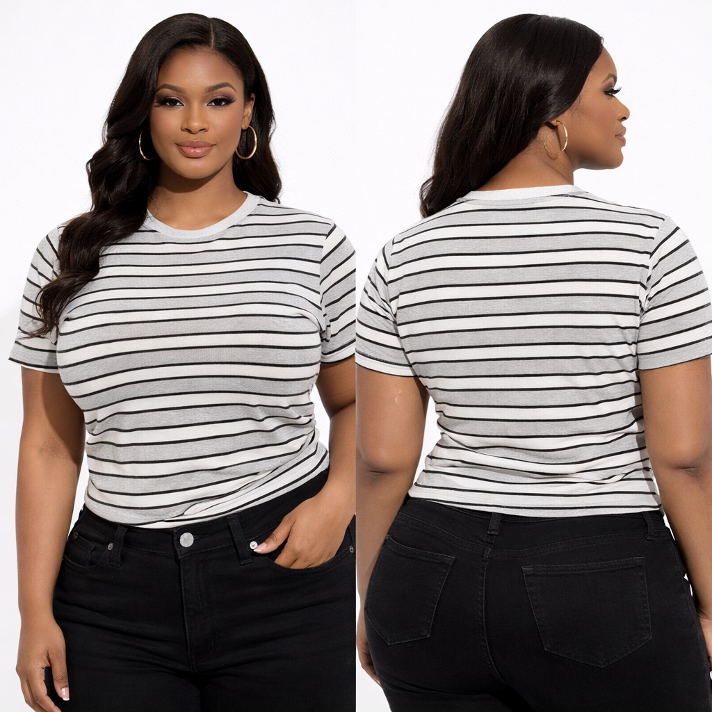 Womens Grey and Black Striped Fitted TShirt