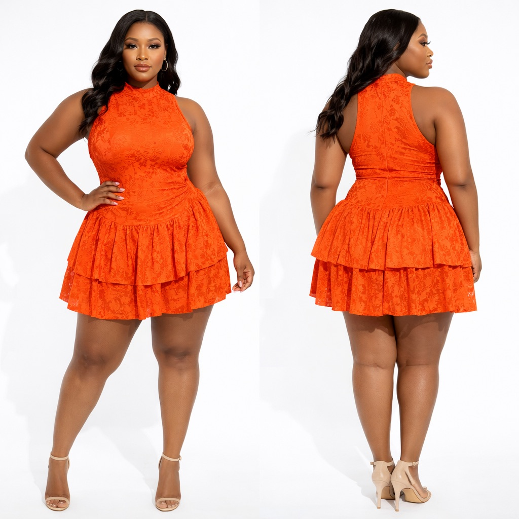 Orange Sleeveless Textured Mini Flare Dress