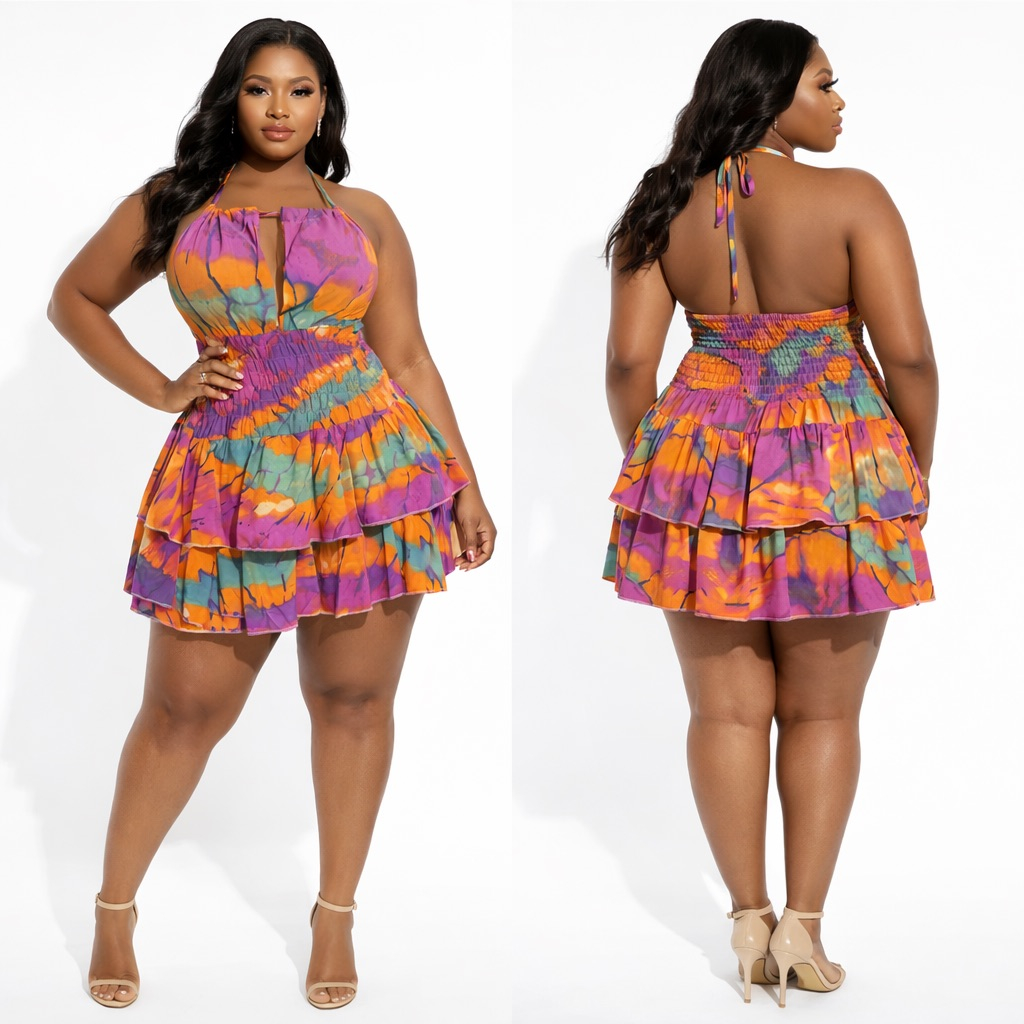 Sunset Splash Halter Ruffle Mini Dress