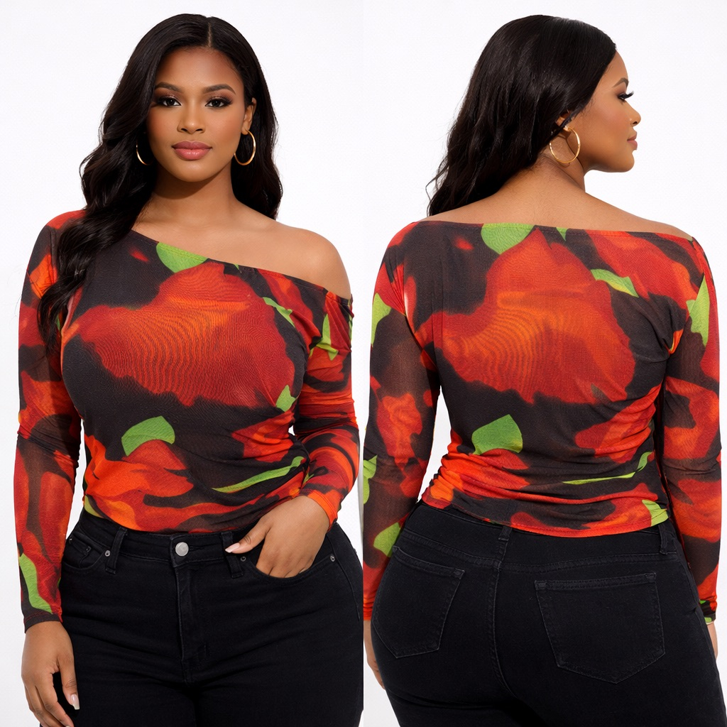 Womens Abstract Print One Shoulder Mesh Top