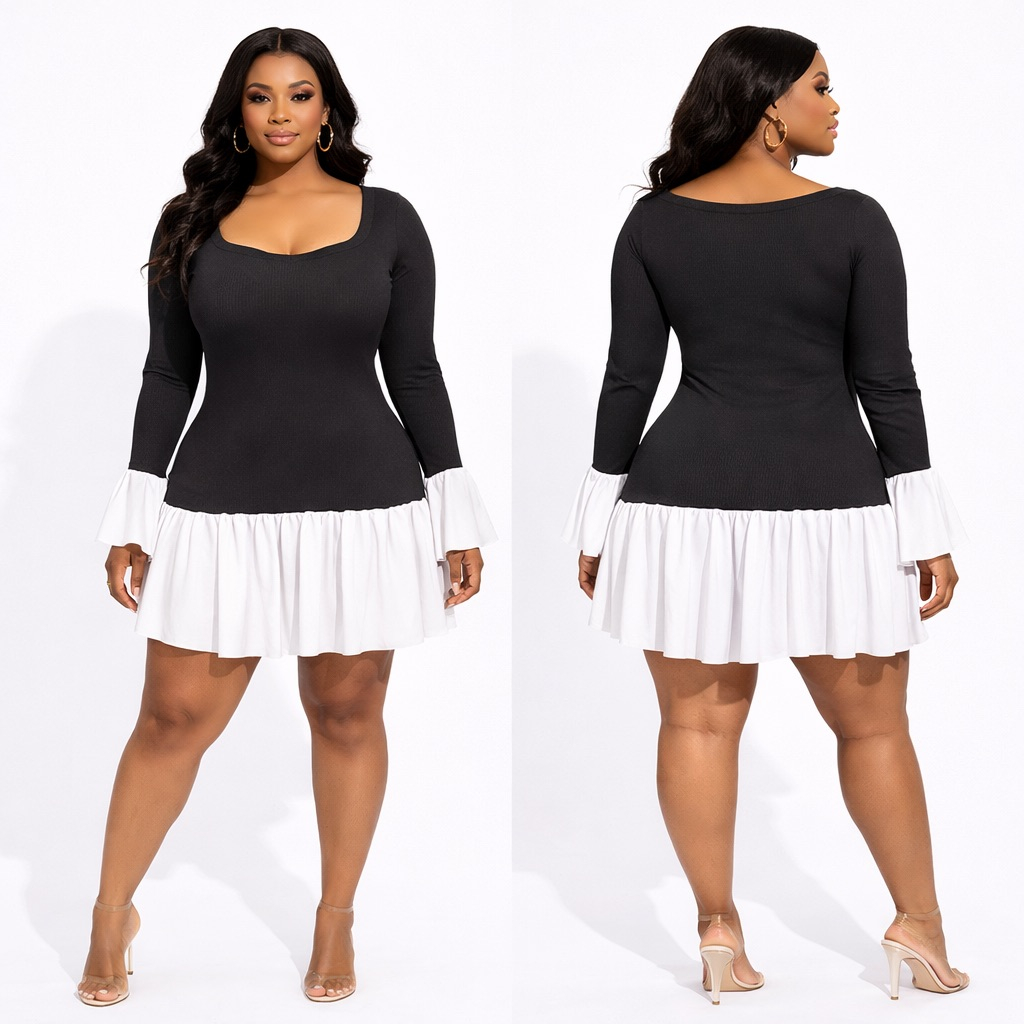 Monochrome Ribbed Ruffle Mini Dress