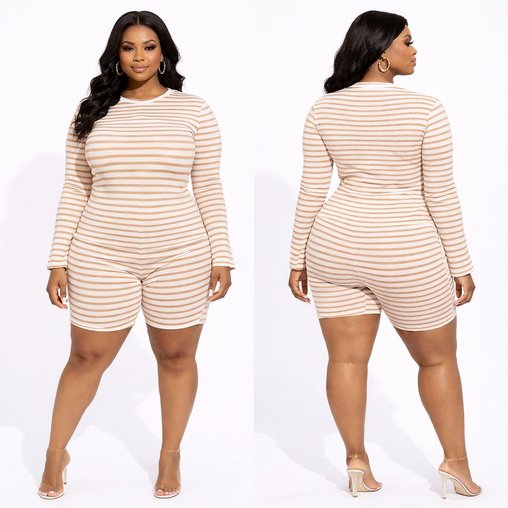 Beige Striped Long Sleeve Two Piece Lounge Set